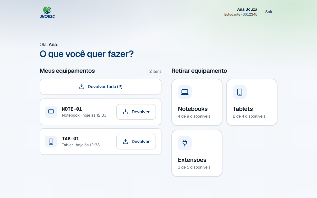 A tela inicial do portal com a seção Meus equipamentos à esquerda, listando dois aparelhos com o botão Devolver em cada linha, e a grade de categorias à direita