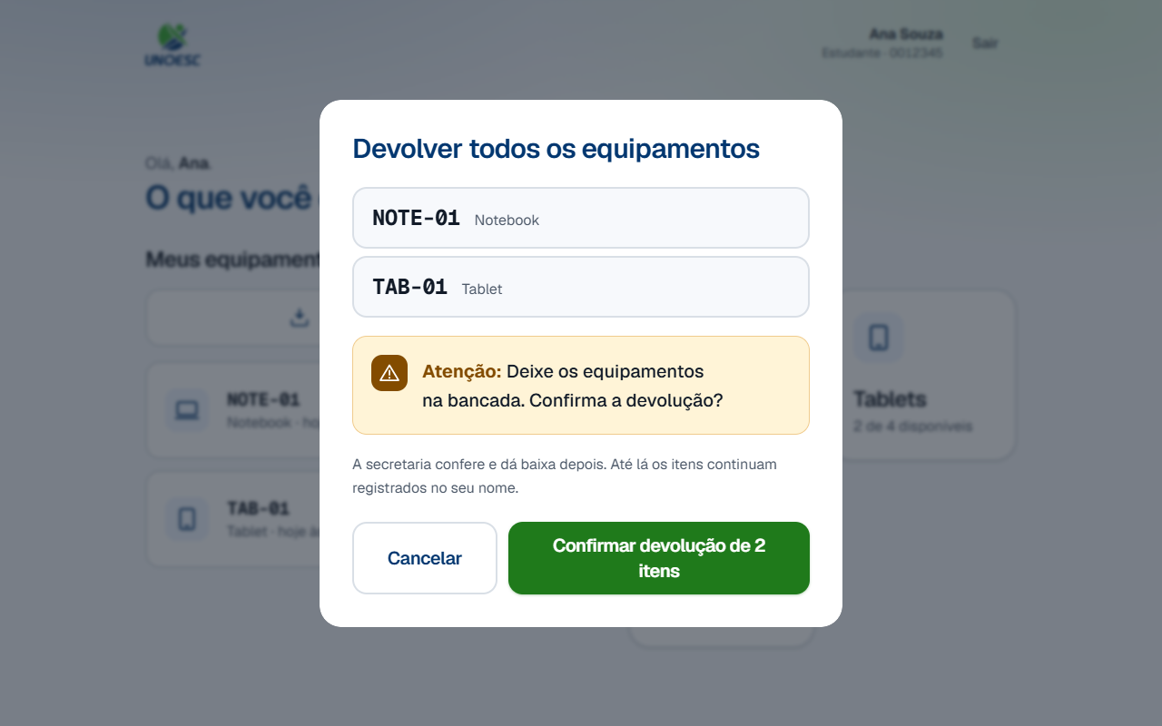 O modal Devolver todos os equipamentos, listando NOTE-01 e TAB-01, com o aviso amarelo no plural e o botão Confirmar devolução de 2 itens