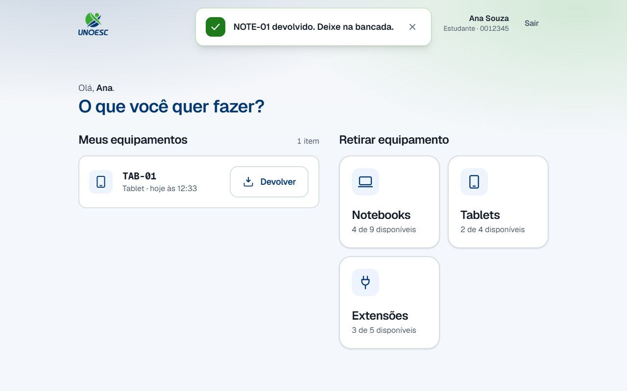 A tela depois da devolução: o aviso verde no topo dizendo NOTE-01 devolvido, a lista agora com um item só, e a grade de categorias com as mesmas contagens de antes