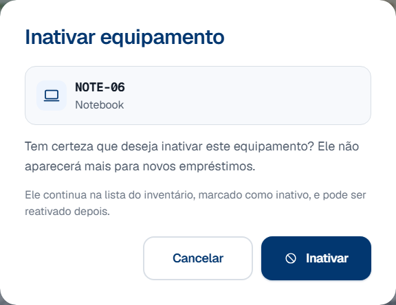 O diálogo Inativar equipamento: a etiqueta NOTE-06 e a categoria no topo, a pergunta Tem certeza que deseja inativar este equipamento, a frase Ele não aparecerá mais para novos empréstimos, e o lembrete de que ele continua na lista e pode ser reativado depois.