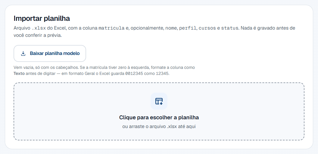 O cartão Importar planilha: o texto explicando as cinco colunas, o botão Baixar planilha modelo, o aviso sobre o zero à esquerda e a área pontilhada de escolher o arquivo.