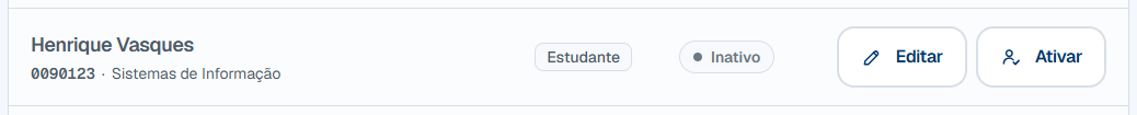 A linha de Henrique Vasques depois da inativação: fundo cinza, o nome em tom mais claro, o selo Inativo sem cor e os botões Editar e Ativar.