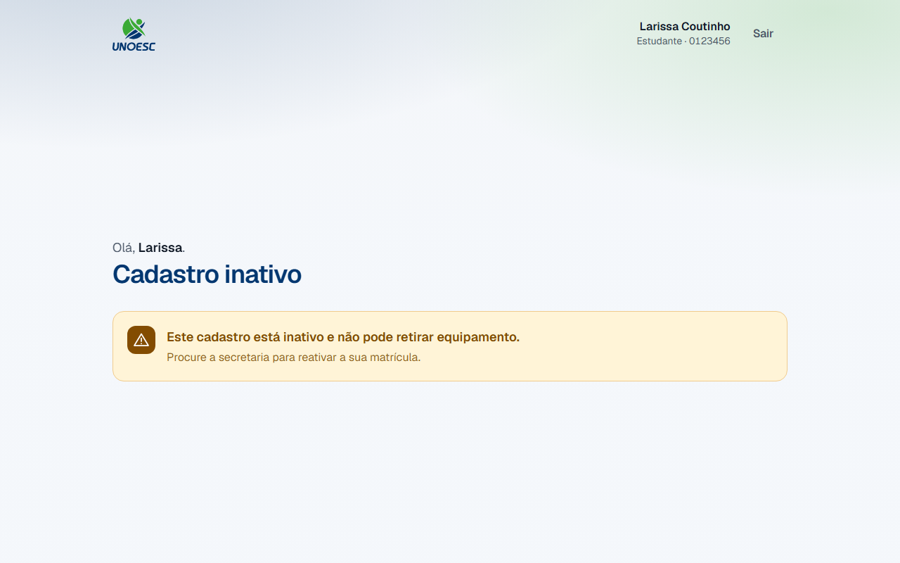 A tela inicial de um cadastro inativo: no lugar da grade de categorias, um aviso amarelo explicando o bloqueio