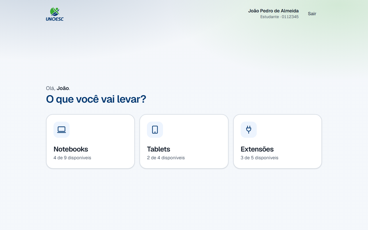 A grade com os três cartões de categoria: Notebooks, Tablets e Extensões, cada um com a contagem de unidades livres