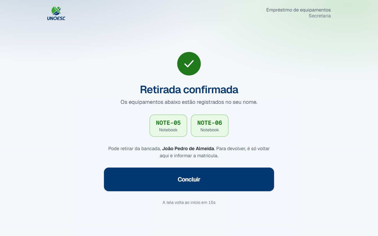 A tela de retirada confirmada, listando as duas etiquetas registradas no nome da pessoa